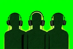 Silhouette of three men people wearing headphones, green background