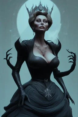 Sophia Loren as evil queen in black leather, cleavage, angry, stern look. character design by cory loftis, fenghua zhong, ryohei hase, ismail inceoglu and ruan jia. unreal engine 5, artistic lighting, highly detailed, photorealistic, fantasy