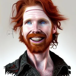 Portrait of Courtney Gains as a ruggedly handsome but joyful roguish pirate, charismatic, attractive male, masculine, perfect, precisely detailed, lightly freckled face, meticulously detailed multi-hued ginger carrot colored cherry fire red hair; Malachai of the corn; fantasy, intricate, elegant, highly detailed, digital painting, artstation, concept art, matte, sharp focus, illustration, art by artgerm and greg rutkowski and alphonse mucha