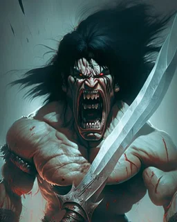 screaming scary human berserker meaty black hair big greatsword