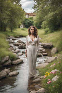 fullbody shot of a very beautiful lady curvy hair, in the country side with a narrow river with clean water and nice rocks on floor. The trees and wild flowers pretty country houses ,nice cloudy sky.