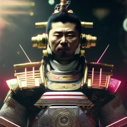 A portrait of a crystalised robot samurai with yakuza tatu, atmospheric, realistic, unreal engine cosmic galactic, cinematic lighting, octane render, random colors, transparent, cosmic ambiance, masterpiece, art by Yoji Shinkawa, composing fit inside, masterpiece