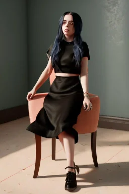 Billie Eilish, sitting on a chair, Black Short Dress, high detail, realistic, 8k