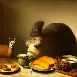 Cute llama is having breakfast.rembrandt