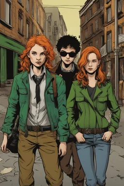 Design a detective book cover for teenagers. Three teenage detectives and a black cat in the centre, one boy on her left, the girl in the centre and one on her right are on the town street. Banksy style, modern comic book style, mysterious atmosphere, modern clothes, streetwear, street look, Polish style, highly detailed, green eyes, brown eyes, ginger hair, brown hair, blonde hair, punk with mohawk in distance