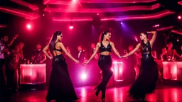 beautiful spanish dancers group dancing in luxury night club with dynamic lights