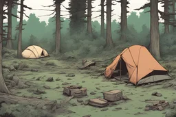 campsite, tents, overgrown, post-apocalyptic, comic book, forest