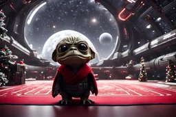 fluffy big eyed baby crockodile sith lord in the big hall in second death star and a view to a star wars planet, and christmas tree and sith gifts and a space ship like star wars Tie Fighter, cinematic eye view, all sharp