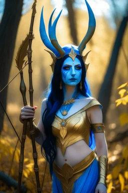 A picture of a beautiful blue faced indian goddess with skin painted blue, blue painted body, blue painted torso, wild black hair, stag antlers, elven ears, golden skirt, holding a staff in a sunny forrest