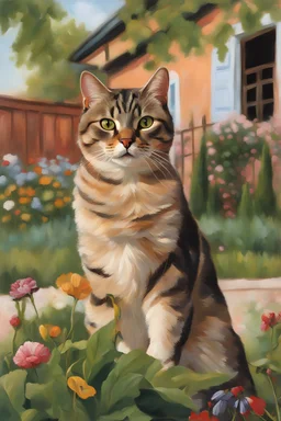 Masterpiece, best quality, Simon Birch style painting, portrait of a european Shorthair Cat, in the garden, rule of thirds