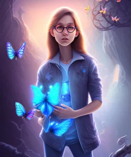 Dibujo escena de una mariposa de los abismos en el fondo, aparece una adolescente con gafas y un perrete azul. full body