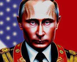 evil Russia president Vladimir Putin satan with fangs , Moscow in fire