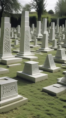 A light gray graveyard with a citadel designed in native American petroglyphs painted by Victor Vasarely