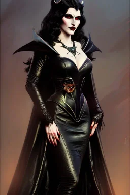 painting of morrigan hel as evil queen in black leather gown, feminie, angry, stern look on her face, emperious, highly detailed, digital painting, artstation, concept art, smooth, sharp focus, illustration, art by gaston bussiere and alphonse mucha