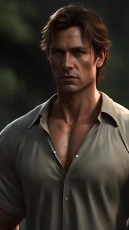 muscular 35 year old male with messy light brown hair wearing a loose fitting shirt, photorealistic, dark fantasy, outside scene