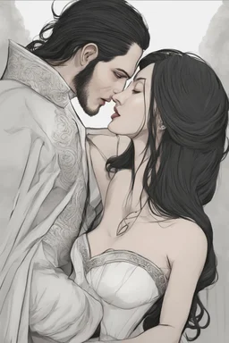 Strahd Von Zarovich, long black hair, being kissed on the mouth by a beautiful woman with white hair, wearing an off the shoulder dress. Settling and background are a lavish toomb with an ebony coffin.