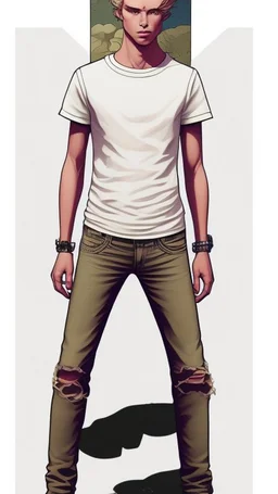 Teen man, blond hair, perfect face, style of tomer hanuka, jeans, white, t-shirt, pompadour