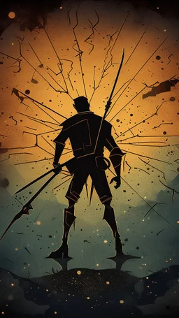 A poster made out of old leather cover and cracks , Bosch painting style, a shadow of creature with spear in hand looking up to the stars