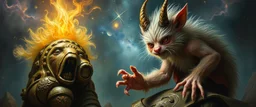 fluff fuzz sponge tube gremlin fox demon in the astral realm, painted by Rembrandt