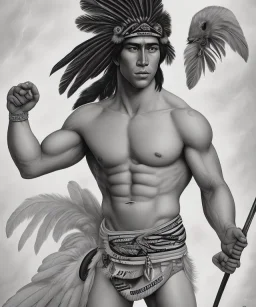 Guaicaipuro, native american god warrior, long black hair, big muscles, red feathers headdress, shirtless, holding a stone tip spear, fierce face