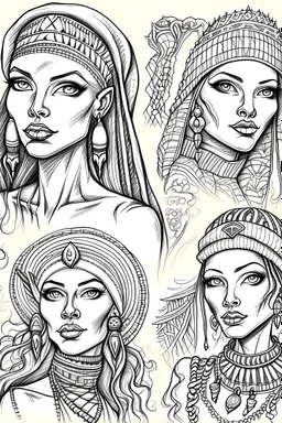 Sketches of drawing a beautiful girl with Egyptian features