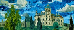 A white cloudy sky with a puffy palace painted by Vincent van Gogh