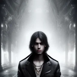 Male, Human, dark long hair, Black Eyes, Young, Hyperrealism, Full Body Shot, City Background, sharp focus, dark, black, steampunk