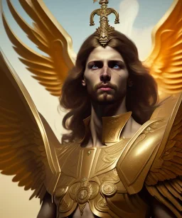 San Michael Archangel, male divine justice, head and shoulders portrait, 8k resolution concept art portrait by Greg Rutkowski, Unreal Engine 5 volumetric lighting