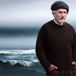 award winning portrait digital painting of an older male medieval grizzled sailor in a knitted sweater with wrinkles on face, ocean, waves, mountain cliffside with breaking waves, stormy, sinister, evil, (backlighting:1.3), concept art, smooth, sharp focus, rule of thirds, dark fantasy,intricate details, medium shot