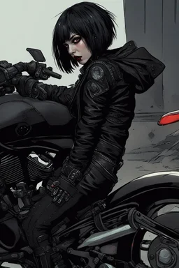 scarred cyberpunk vampire girl showing fangs with short cropped cyberpunk hair riding a black cafe racer motorcycle in a post apocalyptic wasteland at 3 am