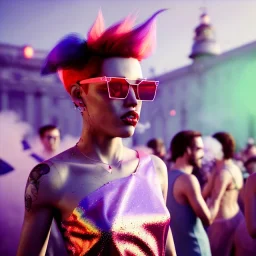 Ultra Realistic photo, medium shot view, drunken dancer women, carnival scene, steampunk. Pink hair, confeti, Sunglasses, smoking, happy, festival, red fog. highly detailed, concept art, unreal engine 5, ray tracing, RTX, lumen lighting, ultra detail, volumetric lighting, 3d, finely drawn, high definition, high resolution.