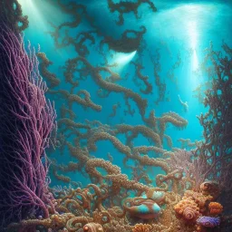 underwater ocean scene, bizarre sea creatures, beams of light streaming through, background of colorful reefs, a highly detailed illustration, realistic render, 8 k, micro detail, intricate, elegant, centered, digital painting, smooth, sharp focus, illustration, artgerm, tomasz alen kopera, peter mohrbacher, donato giancola, joseph christian leyendecker, wlop, boris vallejo