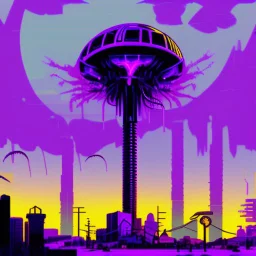 pos-apocalyptic cyberpunk city with destroyed buildings, a plubicity showing the number "2222", illuminated purple neon, dark, high contrast, at distance a gigantic atomic mushroom cloud from a nuclear device, upfront a desesperate crow trying to escape from radiation