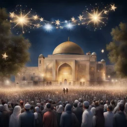 Hyper Realistic lots of people celebrating outside al-aqsa mosque with garland lights at beautiful stars night