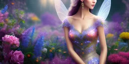 bright fairy, beautiful portrait, flowery landscape