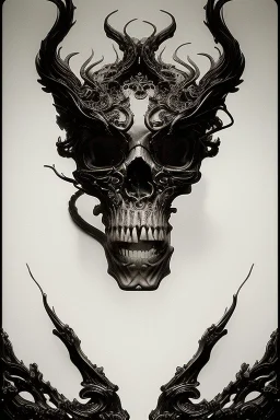 A beautiful highly detailed ornate intricate portrait of a flaming demon skull made of shiny obsidian glass :: reflective, glassy :: subtractive lighting, backlit :: by John William Waterhouse, Greg Rutkowski, HR Giger :: hyperrealistic, hyper detailed, photorealistic :: epic, incredible composition, amazing depth, meticulously composed, 16k resolution concept art :: fantasy magazine cover art