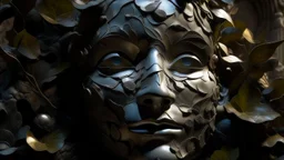 face that re-emerges among iron flowers and marble leaves, showing intricate textures and lighting effects