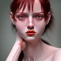 Photoreal close-up of an woman with anormal limbs, darkred tones,