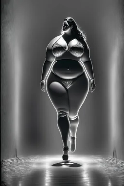 full_body_shot_of_a_hyper_realistic_ultra_detailed_photograph_of_a_beautiful curvy sexy clothes ,female model walking down a runway at a fashion show dark atmosphere sp ot light detailed symmetric beautiful