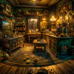 Diorama of old stuff in a room, sharp focus, 8k, 3d, very detailed, volumetric light, grim, fine art, very colorful, ornate, 35mm, F/2.8, insanely detailed and intricate, hypermaximalist, super detailed, decadent, hypnotic, Harry Potter