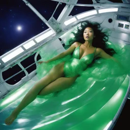 [photo by Bruce Weber] An Asian woman floating in zero gravity on the deck of a spaceship. Her green flashy bikini shimmers in the artificial light, her hair billowing around her in the weightless environment. The scene is both mesmerizing and provocative, a blend of beauty and mystery that captivates the reader's imagination. As she drifts effortlessly through the air, the woman's movements are graceful and fluid, almost as if she's dancing to some silent melody only she can hear. The contrast