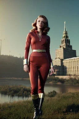 retro portrait image from 1960, Moscow background, wind, long red hair, fighting stance, sweet young Scarlett Johansson, classic tight lycra black suit, weapon, gold bracelet and belt, high heel boots, soft color, highly detailed, unreal engine 5, ray tracing, RTX, lumen lighting, ultra detail, volumetric lighting, 3d, finely drawn, high definition, high resolution.