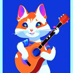 sticker design on white background, Pixar kitten playing guitar, vector art, flat illustration style , ultra detailed