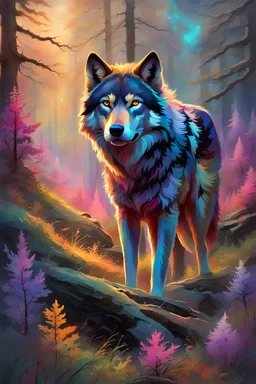 Majestic wolf in the forest, detailed, intricate details, cinematic, art by Scott Naismith, digital art, Jean-Baptiste Monge style, pastel , digital painting with iridescent colors, glowing smoke , filigree, dynamic lighting, lights, extremely detailed, magic, surreal, fantasy, digital art, ,embers, glowing particles, colorful smoke , perfect composition, beautiful detailed intricate insanely detailed octane render trending on artstation, 32k artistic photography, photorealistic concept art,