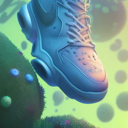 pixar style, volumetric summer garden environment and background, hyper realistic painting of futuristic puffer Nike sneaker, looking excited, volumetric lighting, dramatic lighting, detailed digital painting, anime, ornate, colour-saturated colors, chaotic, small minutiae, tiny features, particulars, centered, smooth, sharp focus, renderman gofur render, 8k, uhd, detailed eyes, realistic shaded volumetric lighting, sunlight caustics, backlight, centered camera view