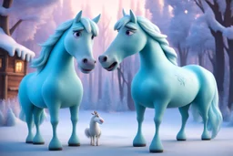 frozen whisperer whispering horses so they go crazy, in the style of Pixar, expertly crafted in a whimsical and vibrant cartoon style. is masterfully rendered in a lifelike 3D design, which captivates viewers with there irresistible charm.