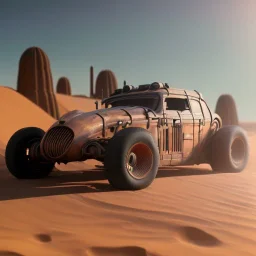 3d rendering. Steampunk futuristic car. Buried in desert sand. Lost in Time