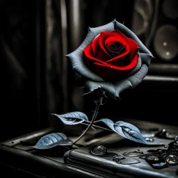 black and white moody picture with a red rose