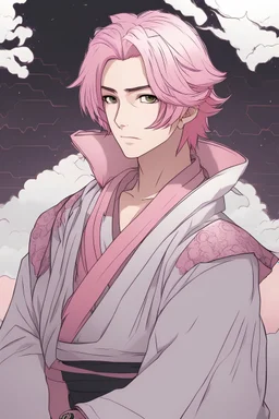 Young man with pink hair hair, angel wings, wearing traditional Japanese clothing, arrogant, smug, villain, sunset background, RWBY animation style