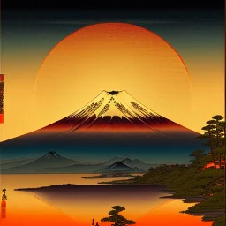 Ukiyo-e painting of a mount fuji at sunset